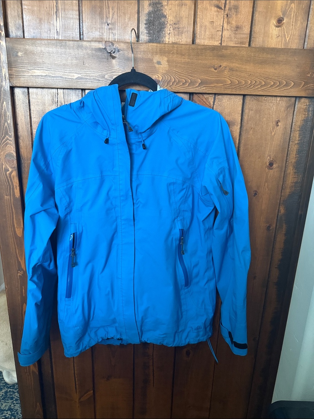 REI eVent Waterproof Rain Jacket Women Blue Hooded Hiking Shell 826024, Size S